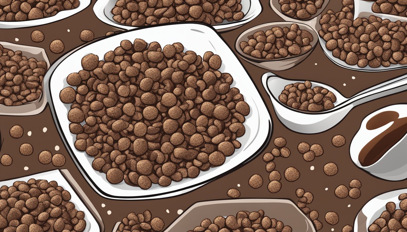 A bowl of Cocoa Krispies covered in melted chocolate, with a few scattered on the table