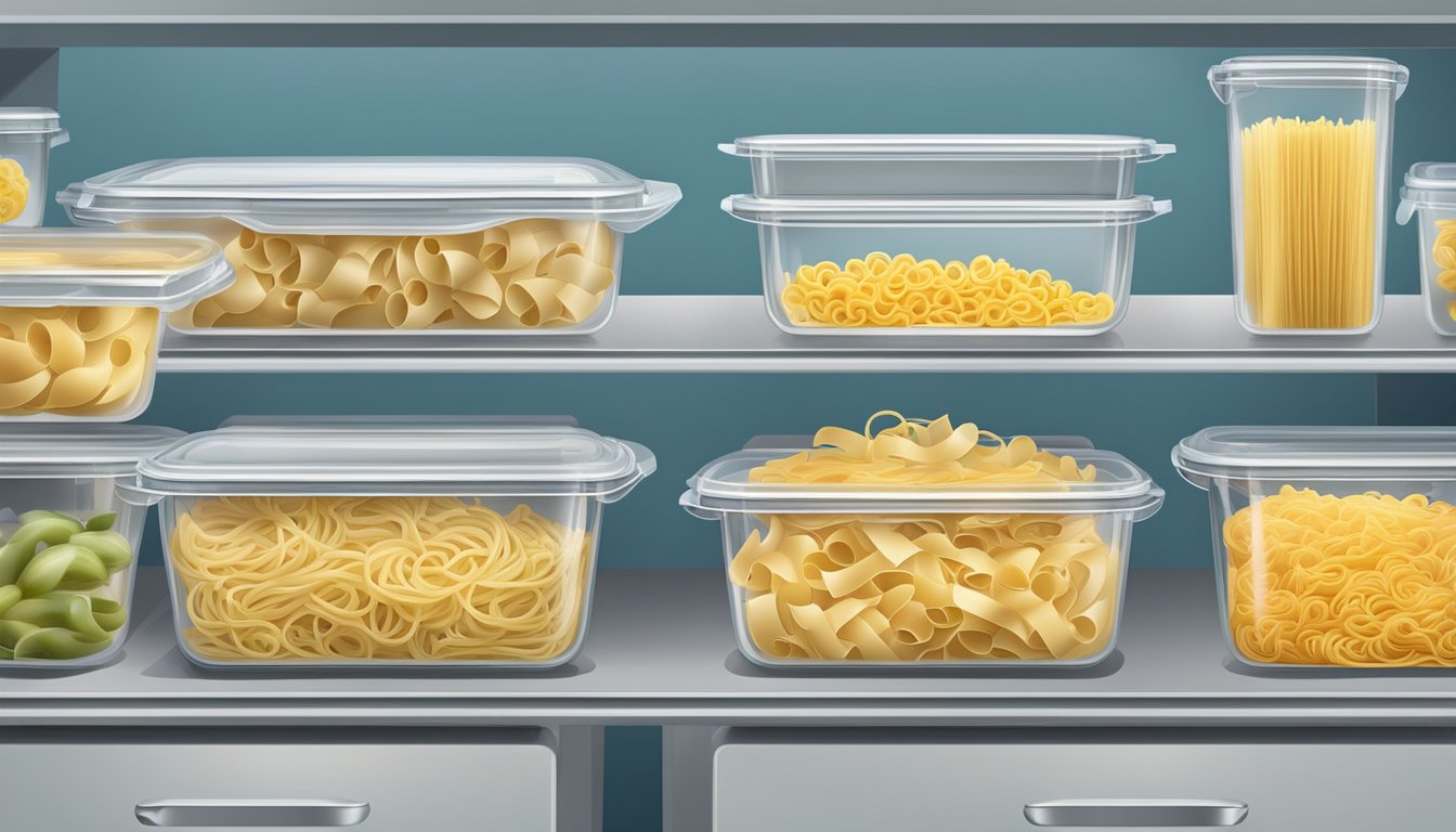 A pot of freshly cooked pasta dishes stored in airtight containers in a refrigerator, with labels indicating the date of preparation