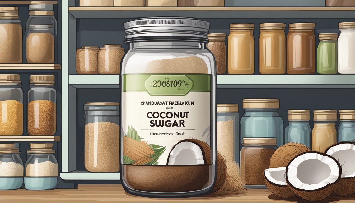 A jar of coconut sugar sits on a kitchen shelf, surrounded by other pantry items. The label on the jar indicates the expiration date