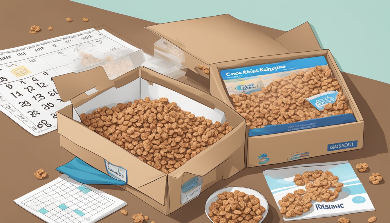 A box of Cocoa Krispies sits on a kitchen counter next to a calendar with the current date circled. A few cereal pieces are scattered around the box