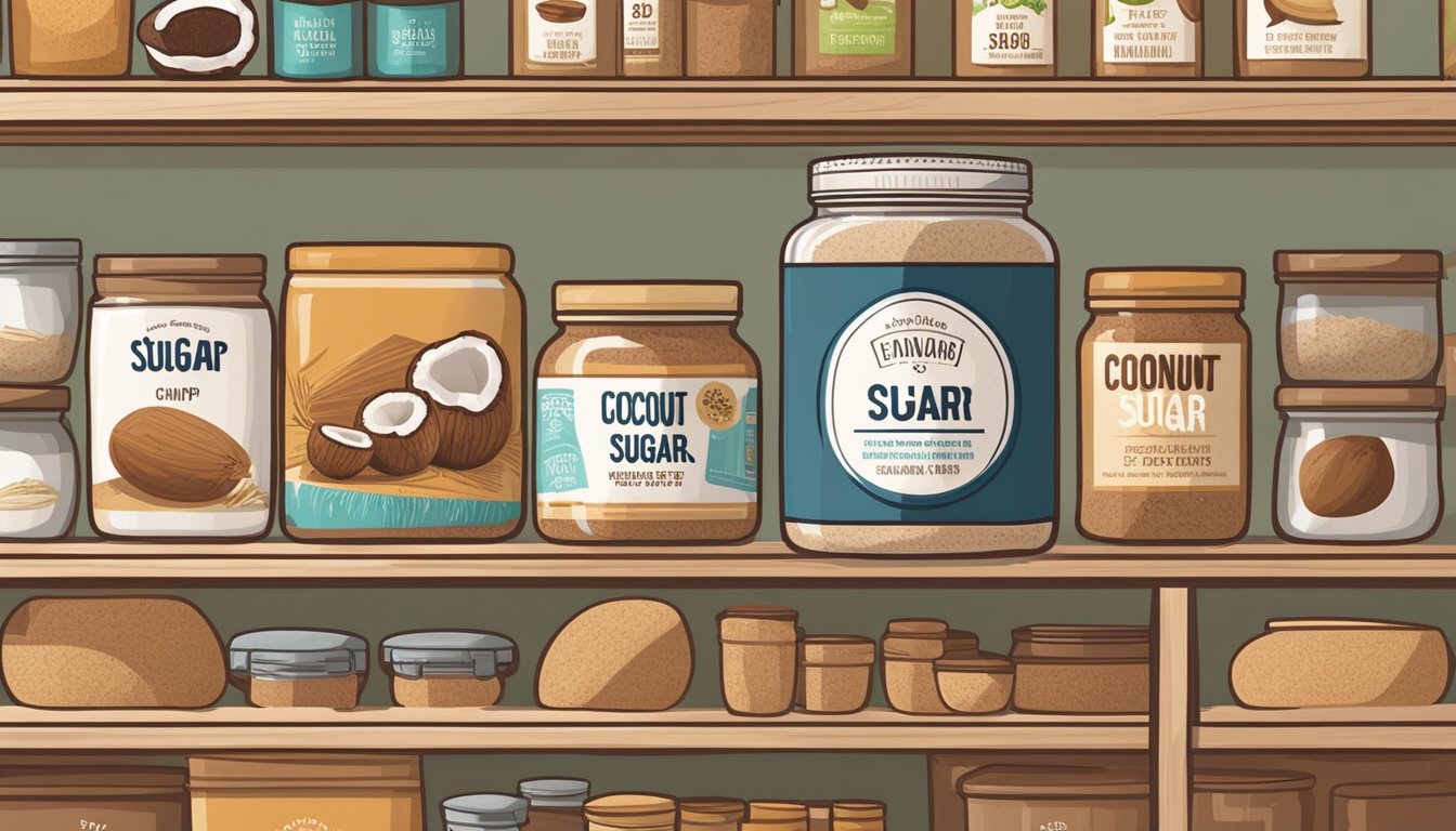 A jar of coconut sugar sits on a shelf, surrounded by other pantry items. The label indicates the expiration date, and the sugar appears dry and clump-free