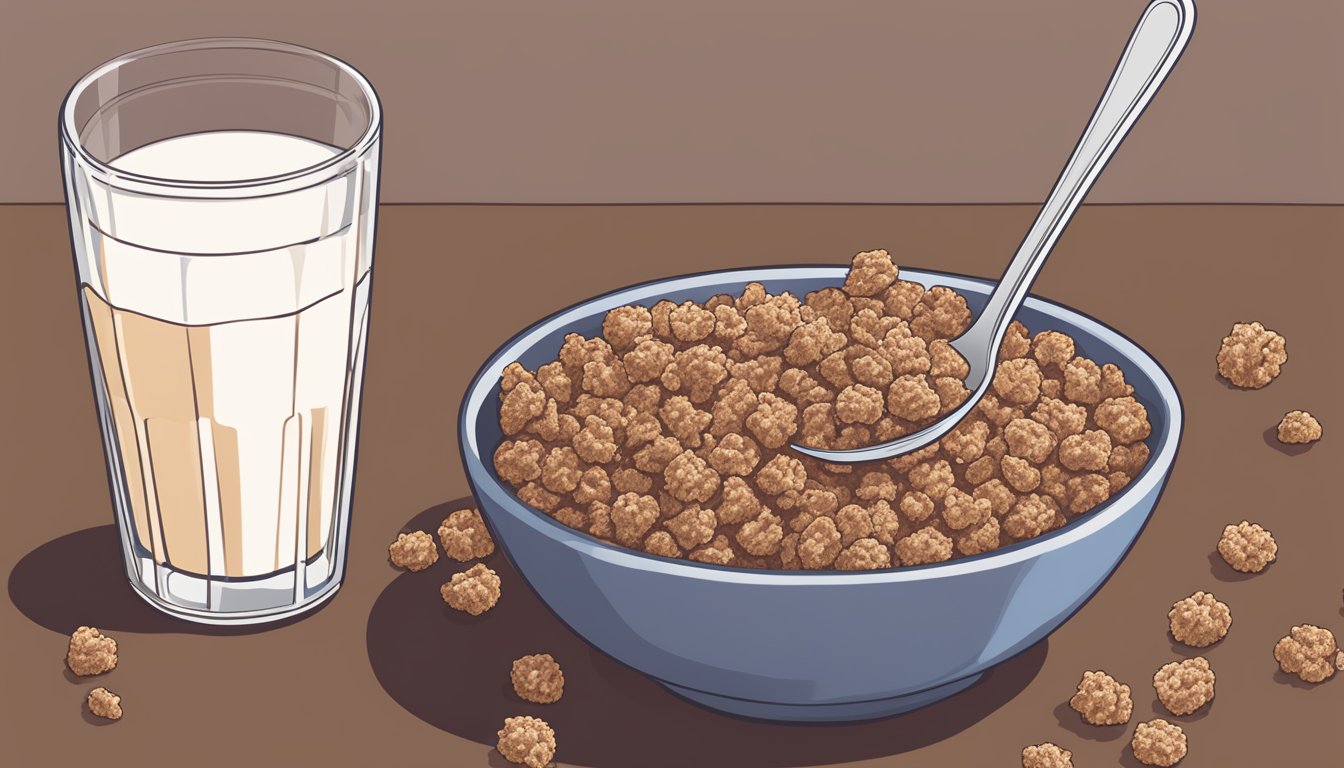 A bowl of Cocoa Krispies sits on a table, surrounded by a spoon and a glass of milk. The cereal is fresh and crunchy, ready to be enjoyed