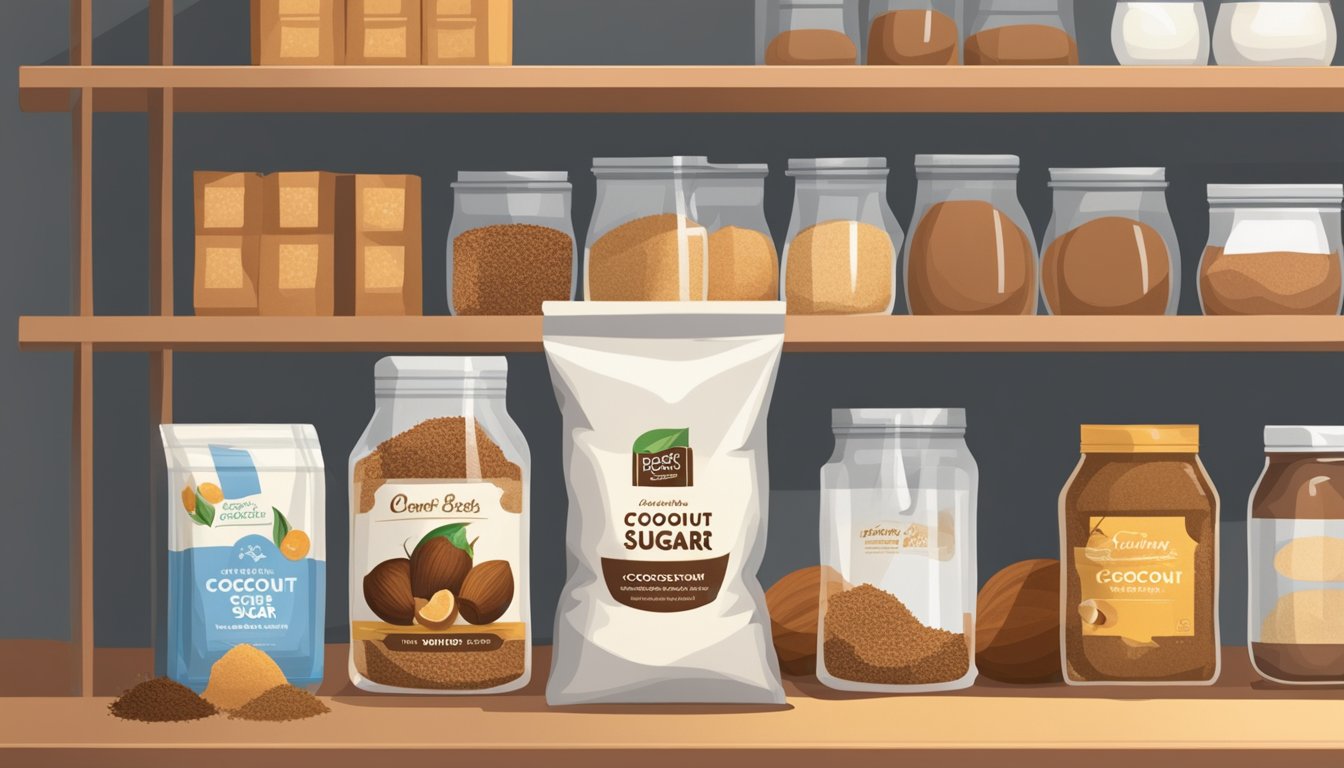 A sealed bag of coconut sugar sits on a pantry shelf, surrounded by other dry goods. The room is warm and dry, with no direct sunlight