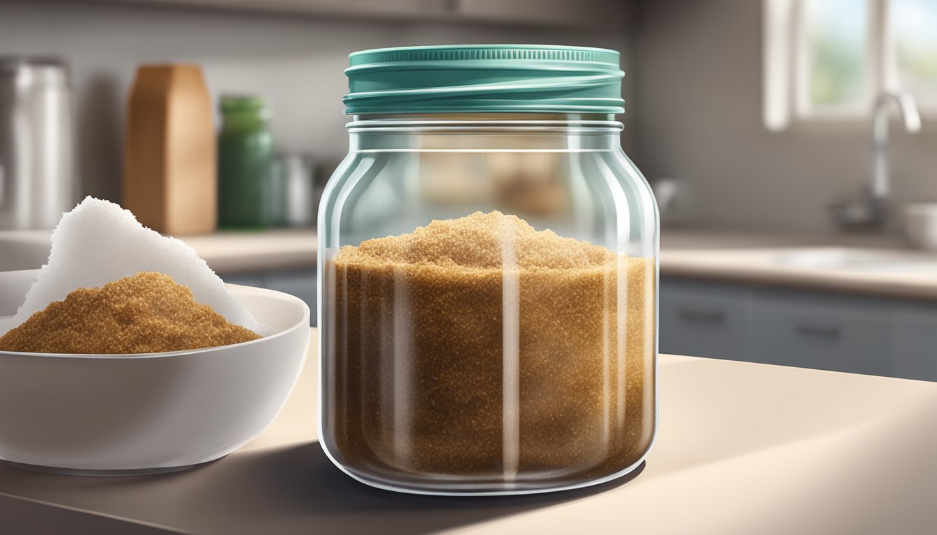 A jar of coconut sugar covered in mold, sitting on a kitchen counter