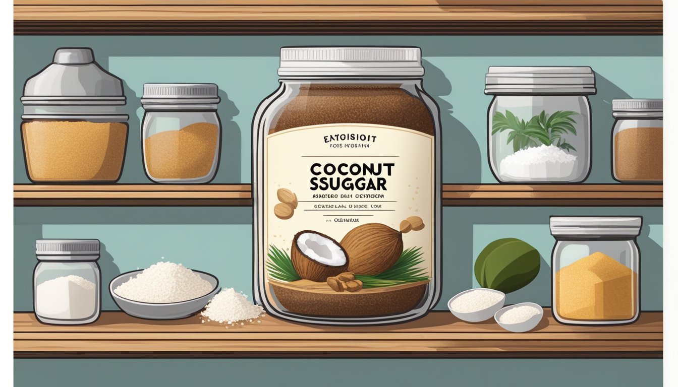 A jar of coconut sugar sits on a kitchen shelf, surrounded by other baking ingredients. The label on the jar indicates the expiration date