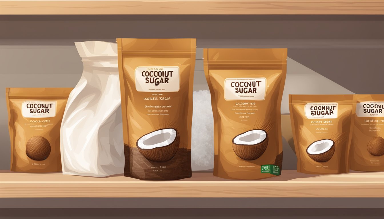 A sealed bag of coconut sugar sits on a clean, dry shelf, away from direct sunlight and moisture