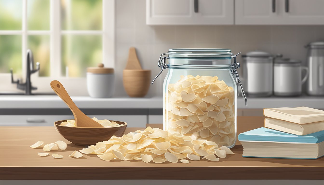 A clear glass jar filled with coconut chips sits on a kitchen counter, next to a small stack of recipe books and a wooden spoon