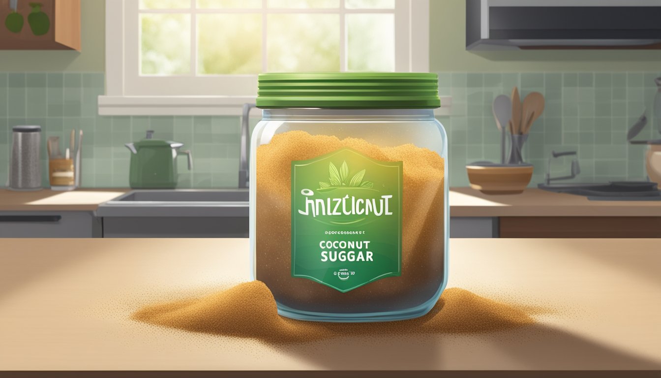 A jar of coconut sugar sits on a kitchen counter, covered in mold and emitting a foul odor