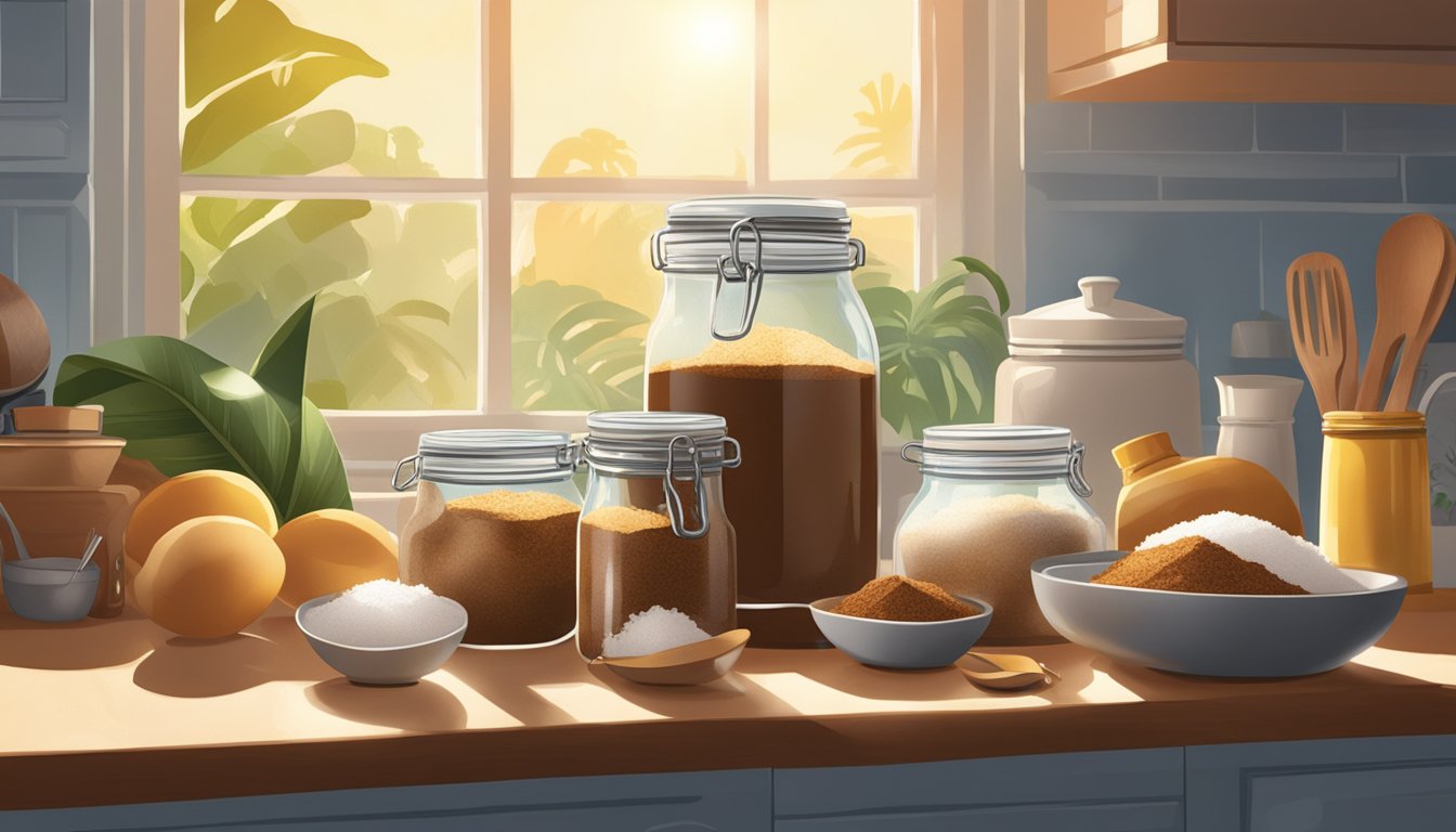 A jar of coconut sugar sits on a kitchen counter, surrounded by various cooking ingredients and utensils. The sunlight streams in through the window, casting a warm glow on the scene