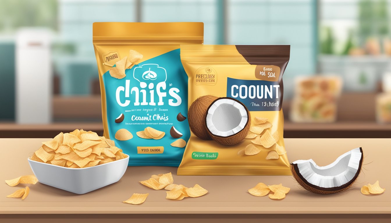 A bag of coconut chips sits on a shelf, surrounded by other snacks. The expiration date is visible on the packaging