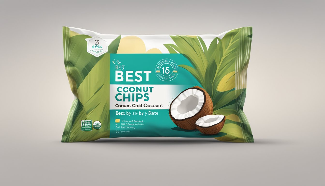 A clear, resealable bag of coconut chips sits on a kitchen counter, with a "best by" date visible on the packaging