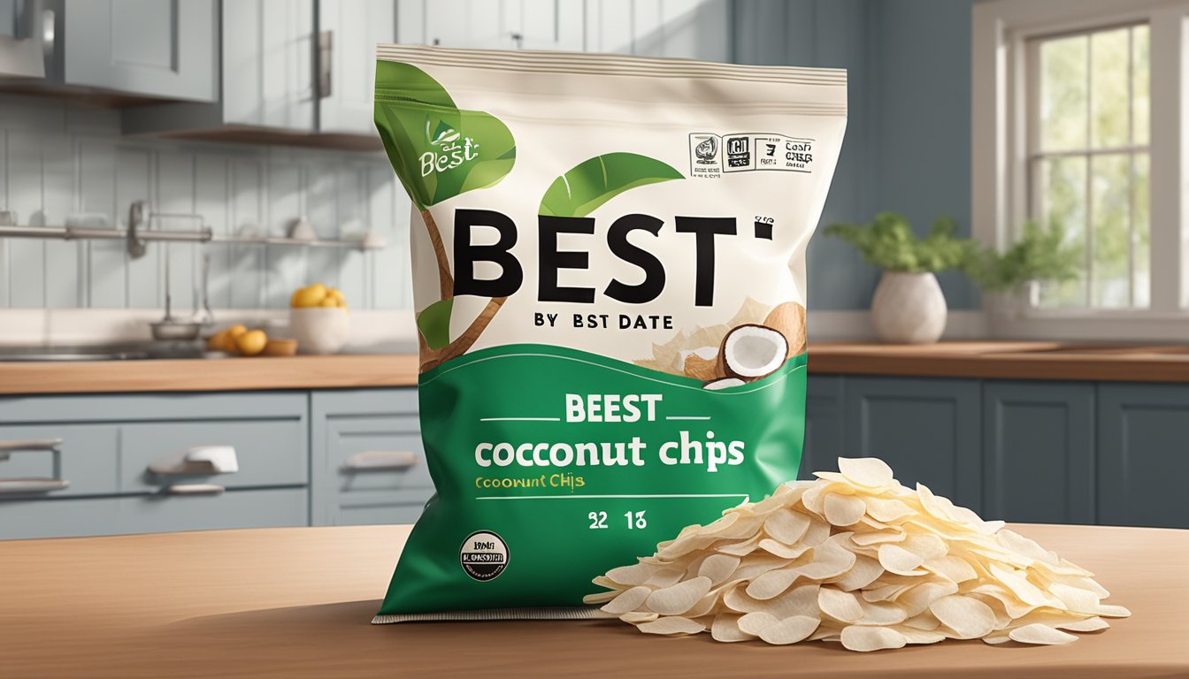 A sealed bag of coconut chips sits on a kitchen counter, with a "best by" date clearly visible