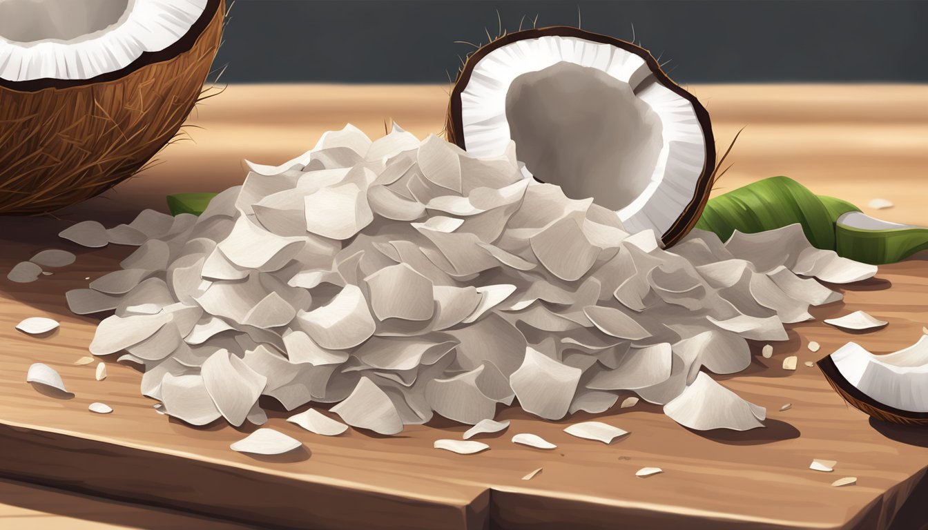 A pile of coconut chips sits on a wooden cutting board, surrounded by a few scattered pieces. The chips are dry and slightly browned, with a few small crumbs scattered around