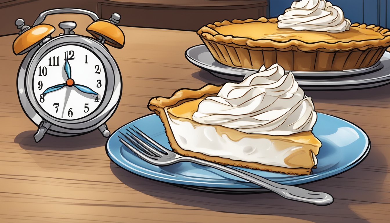 A dollop of Cool Whip sits atop a slice of pie, untouched on a dessert plate, with a clock in the background showing the passage of time