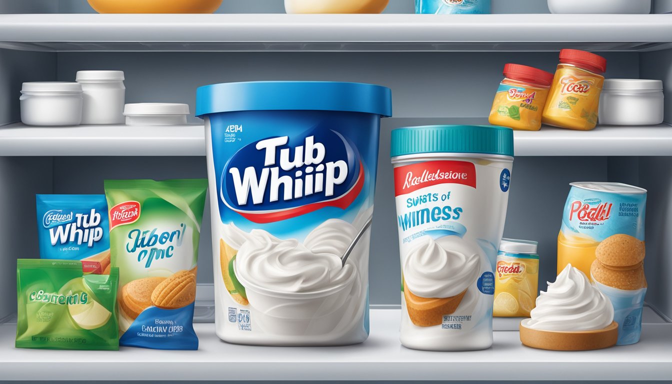 A tub of Cool Whip sits in a refrigerator, sealed and placed on a shelf, surrounded by other food items