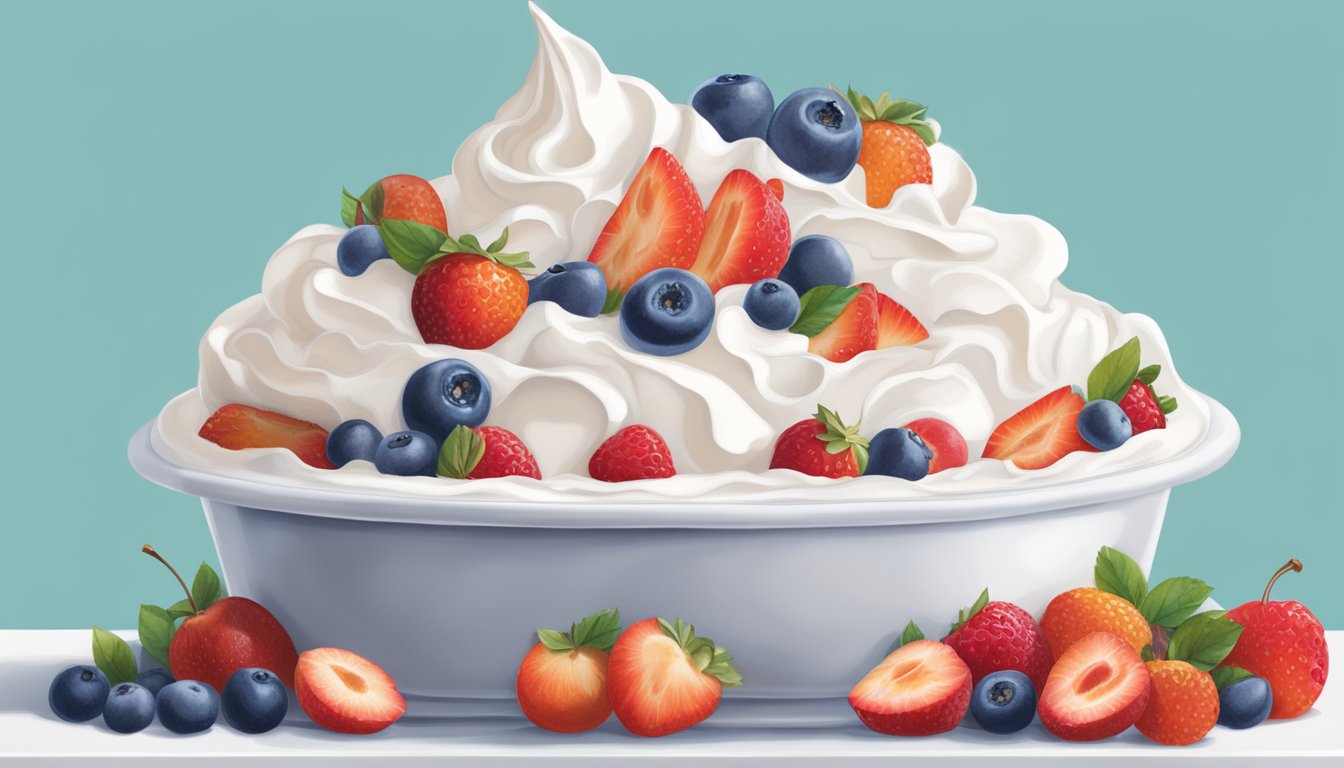 A tub of Cool Whip sits on a clean, white kitchen shelf, surrounded by fresh fruit and a dollop of whipped cream on a pie