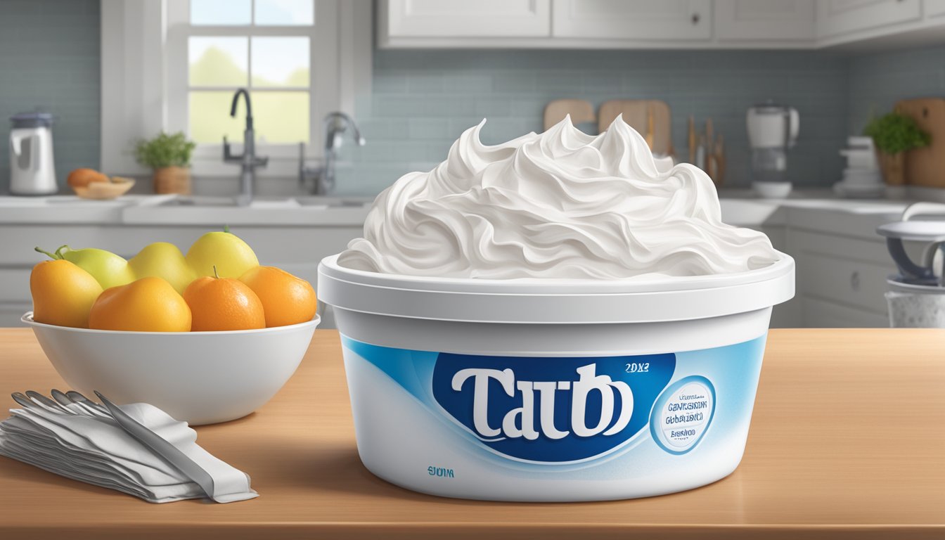 A tub of Cool Whip sits open on a kitchen counter, with a calendar showing the current date and an expiration date crossed out