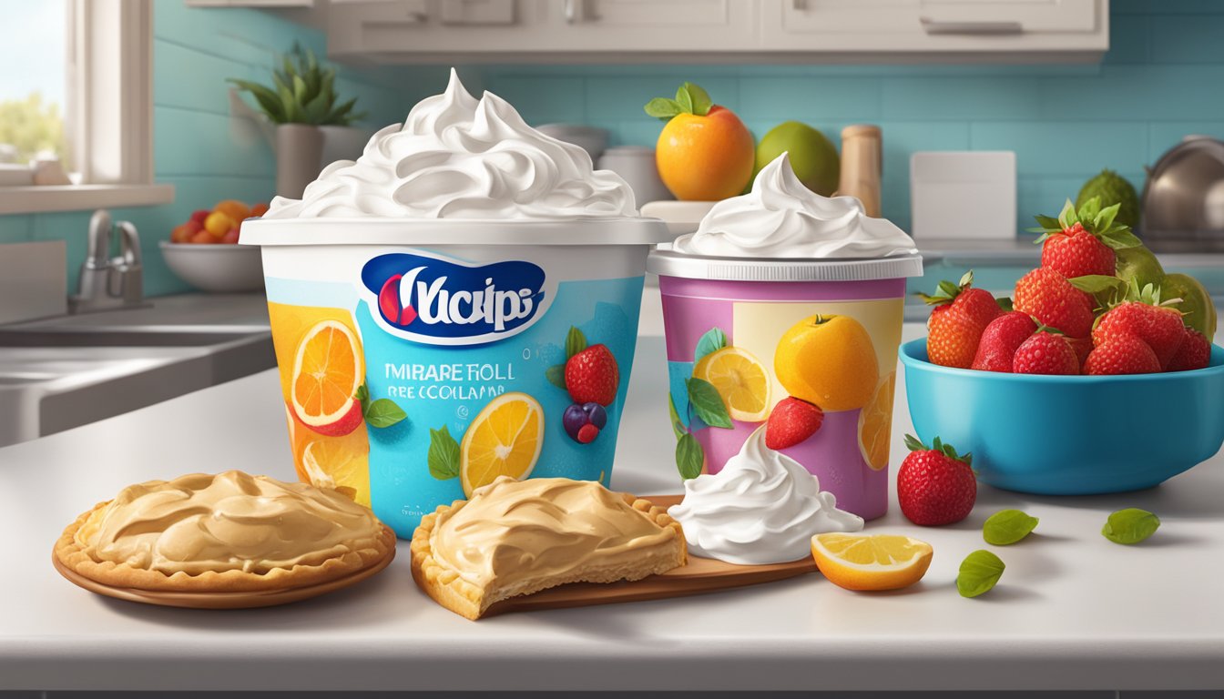 A tub of Cool Whip sits on a kitchen counter, surrounded by colorful fruit and a freshly made pie. The lid is partially peeled back, revealing the creamy texture inside