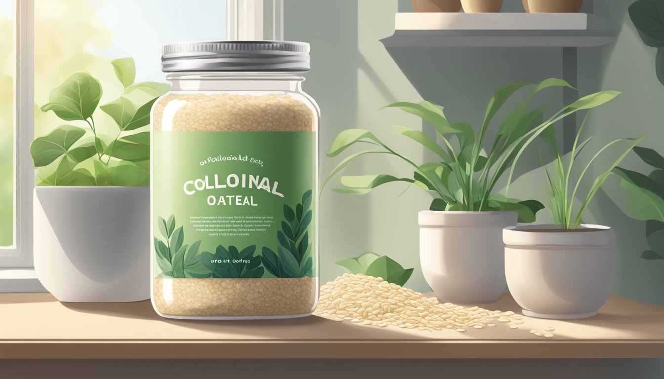 A jar of colloidal oatmeal sits on a shelf, surrounded by soothing greenery and natural light streaming in from a nearby window