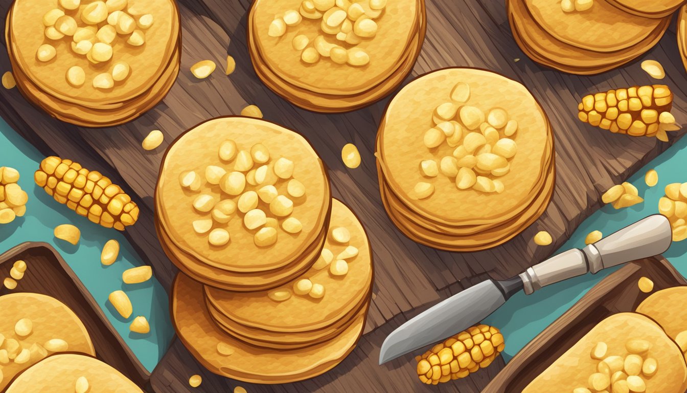 A stack of corn cakes on a wooden cutting board, surrounded by ears of corn and a few scattered kernels