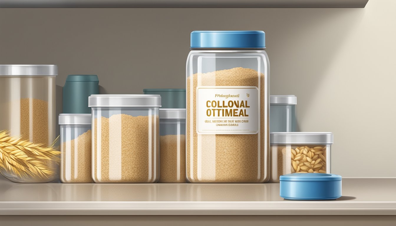 A tightly sealed container of colloidal oatmeal on a cool, dry shelf