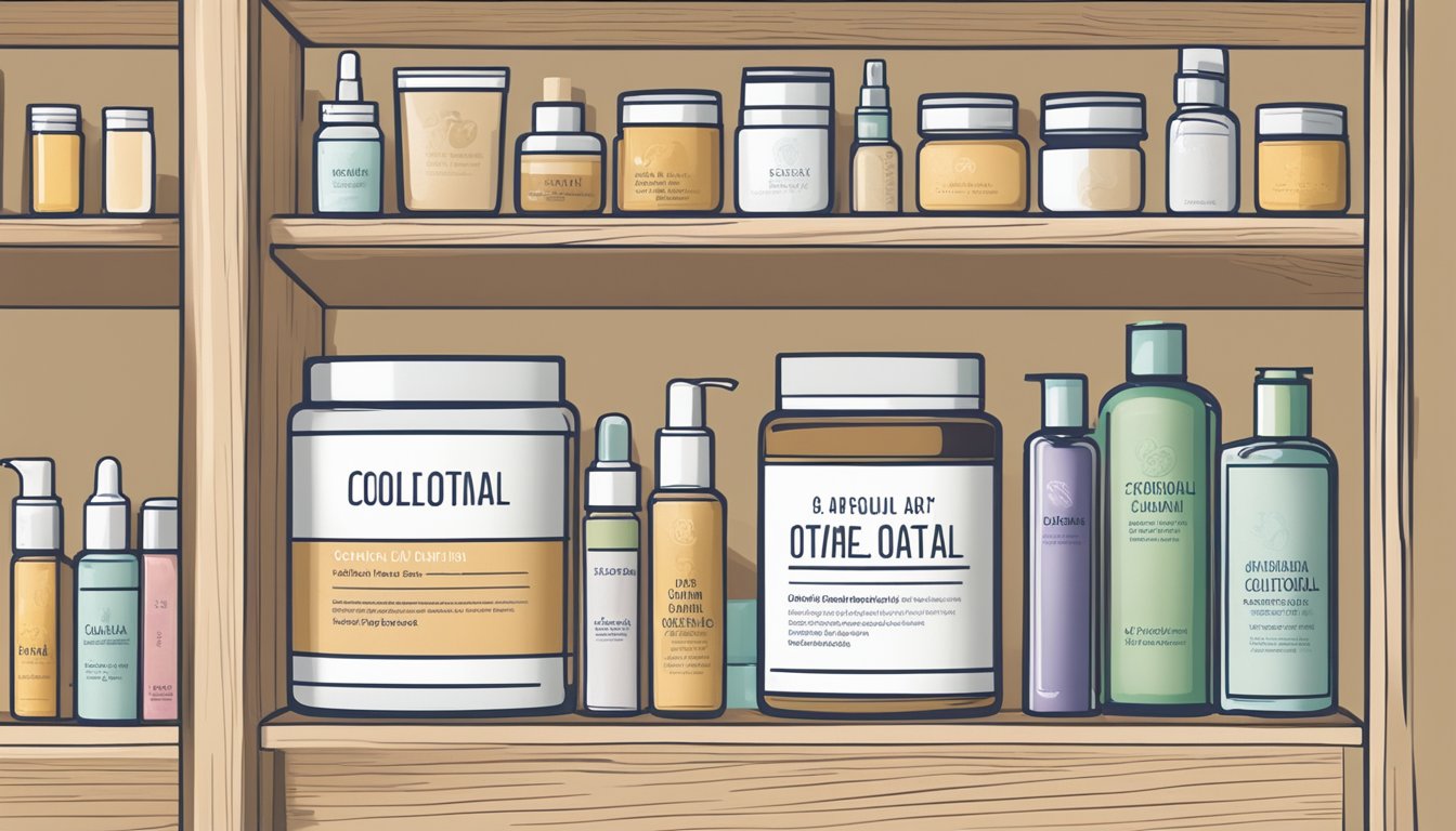 A glass jar of colloidal oatmeal sits on a shelf, surrounded by various other skincare products. The label on the jar indicates the expiration date