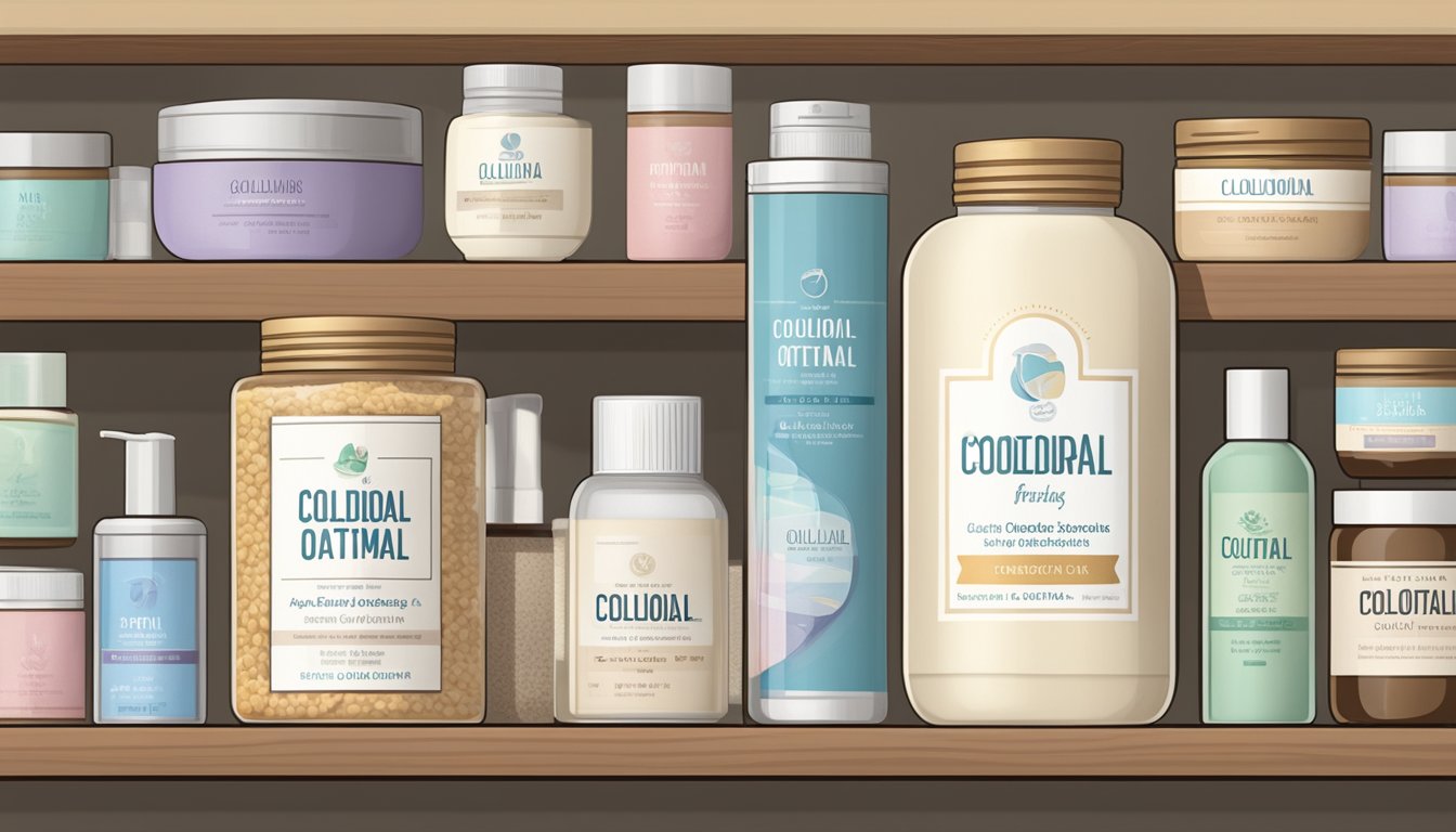 A jar of colloidal oatmeal sits on a shelf, surrounded by other skincare products. The label indicates the product's lifespan