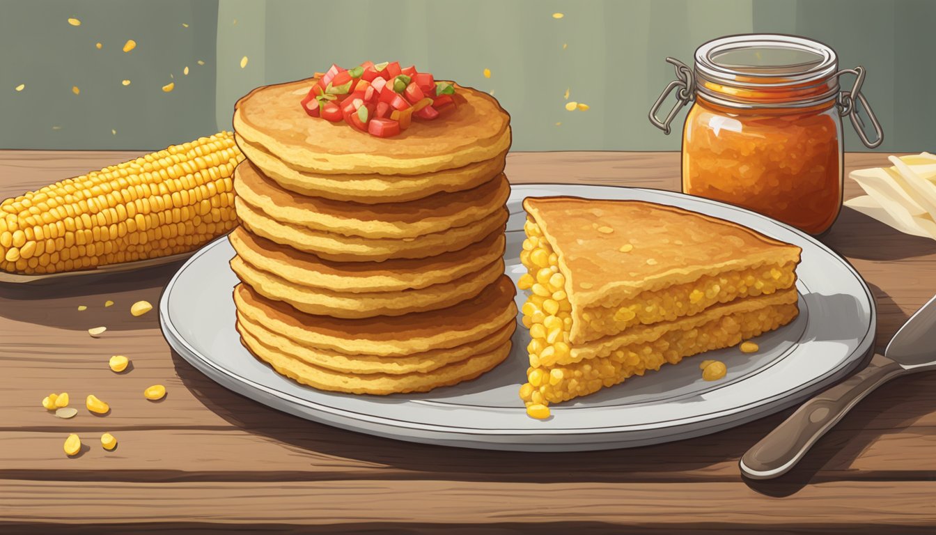 A stack of golden corn cakes sits on a rustic wooden table, surrounded by fresh ears of corn and a jar of homemade salsa. A few crumbs are scattered around the plate