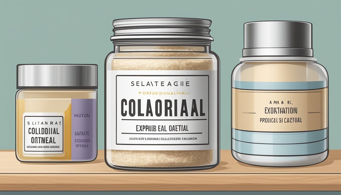 A jar of colloidal oatmeal sits on a clean, organized shelf next to other skincare products. The label displays the expiration date clearly