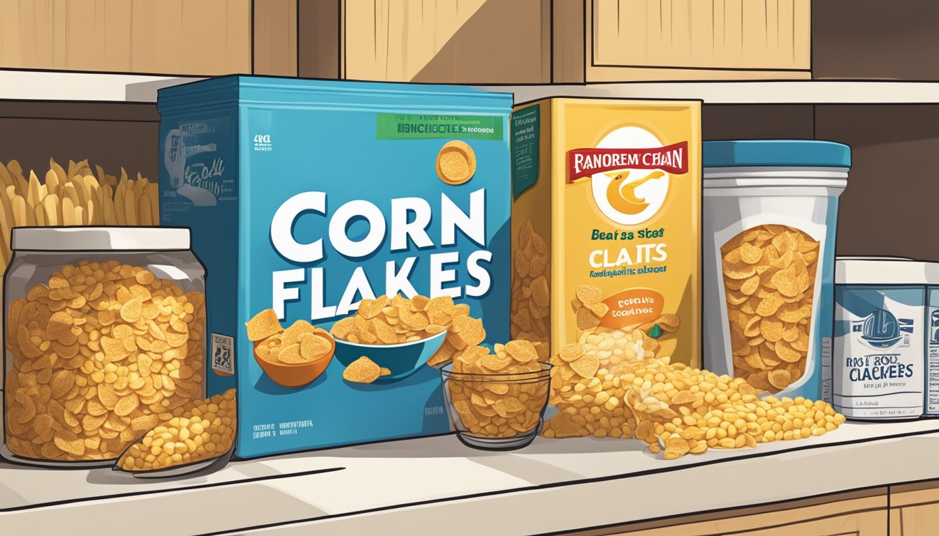 A box of Corn Flakes sits on a kitchen shelf, surrounded by other pantry items. The expiration date is clearly visible on the packaging