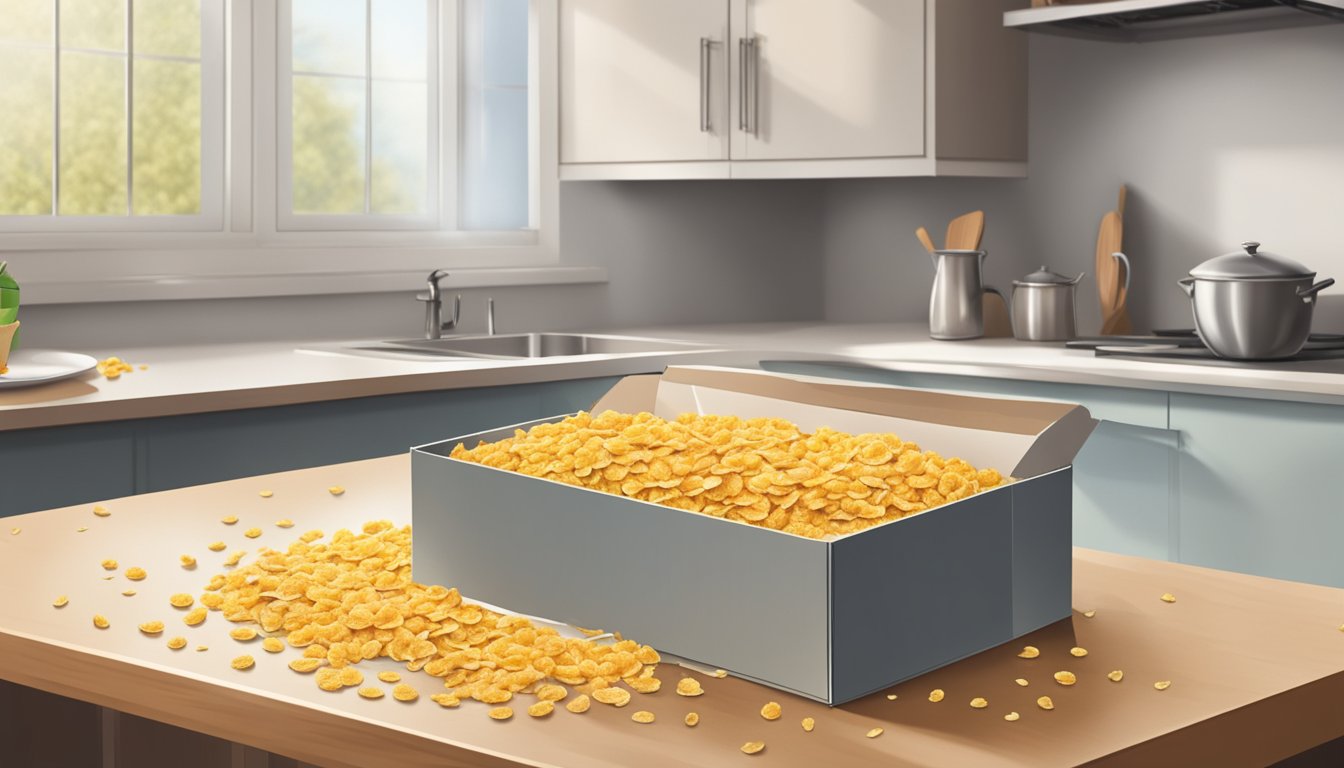 A box of Corn Flakes sits open on a kitchen counter, with the cereal spilling out and appearing stale and discolored. A foul odor emanates from the box