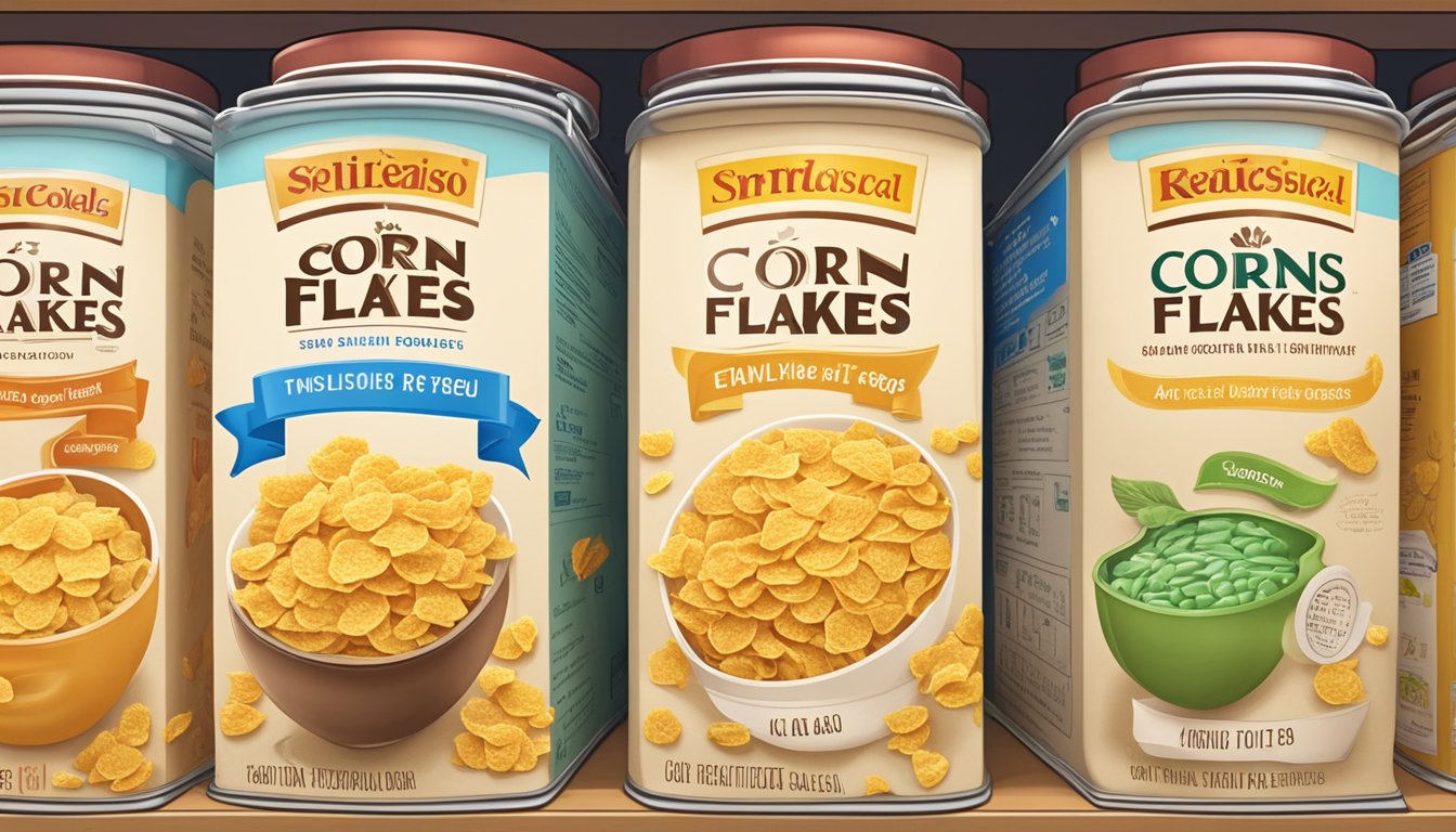 A sealed box of Corn Flakes sits on a clean, organized pantry shelf, with a clearly labeled expiration date visible