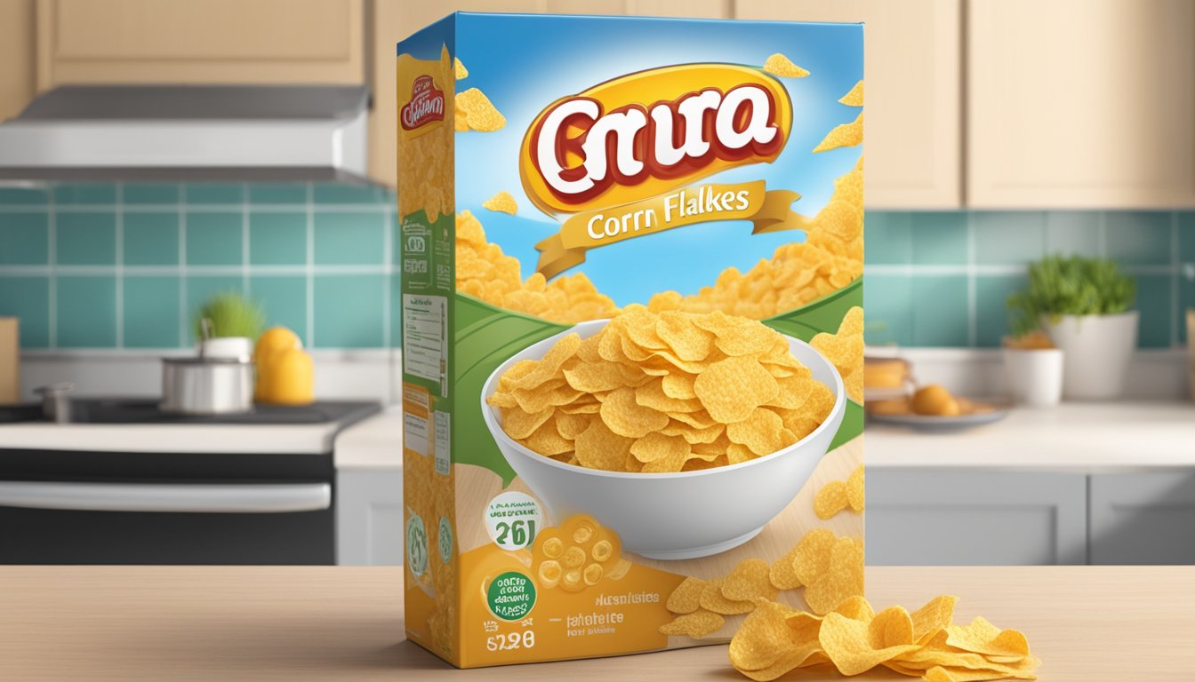 A box of Corn Flakes sits on a kitchen counter, with a clear expiration date printed on the packaging