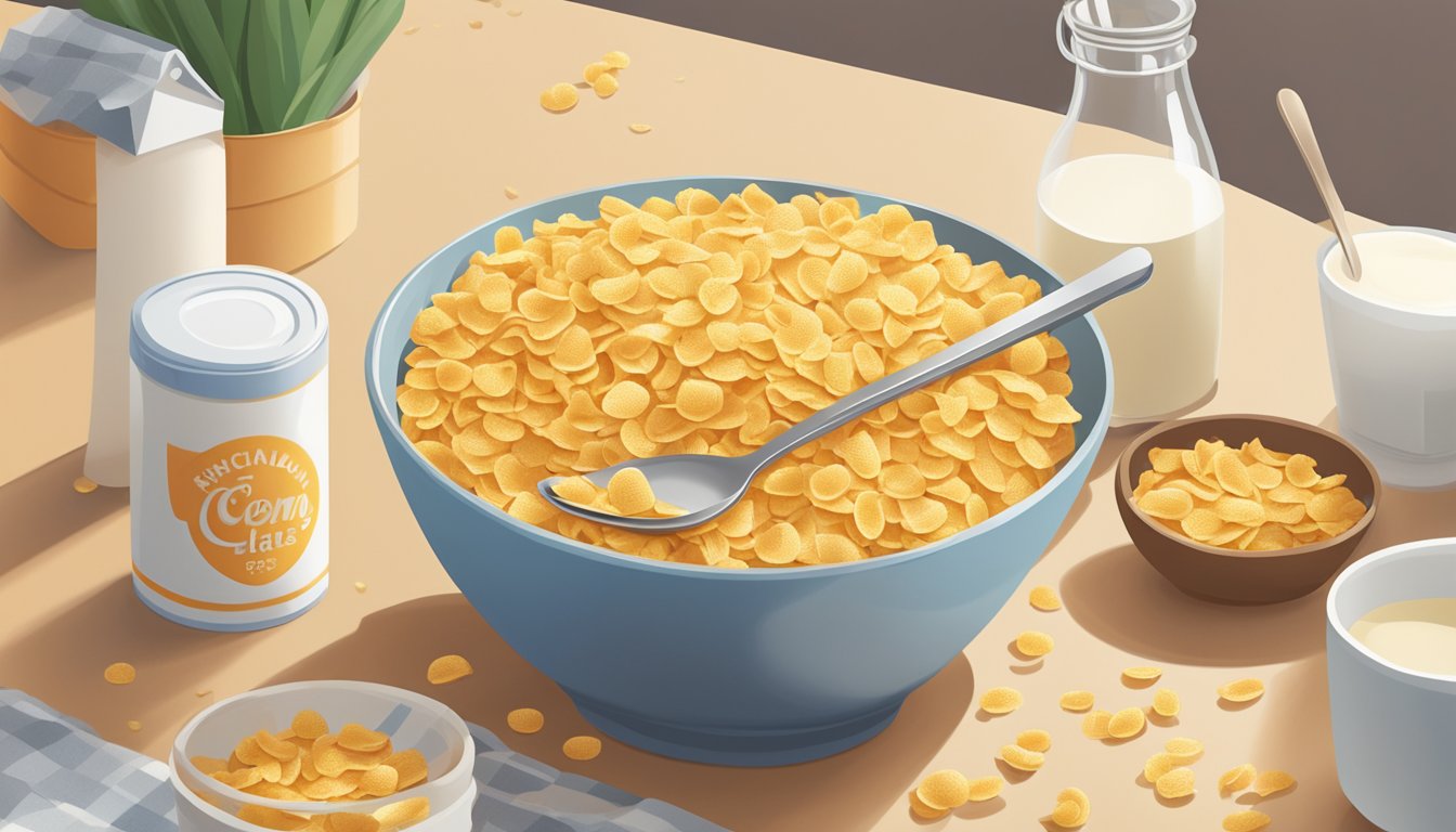 A box of Corn Flakes sits on a kitchen counter, surrounded by a bowl, spoon, and milk carton. The cereal appears fresh and untouched