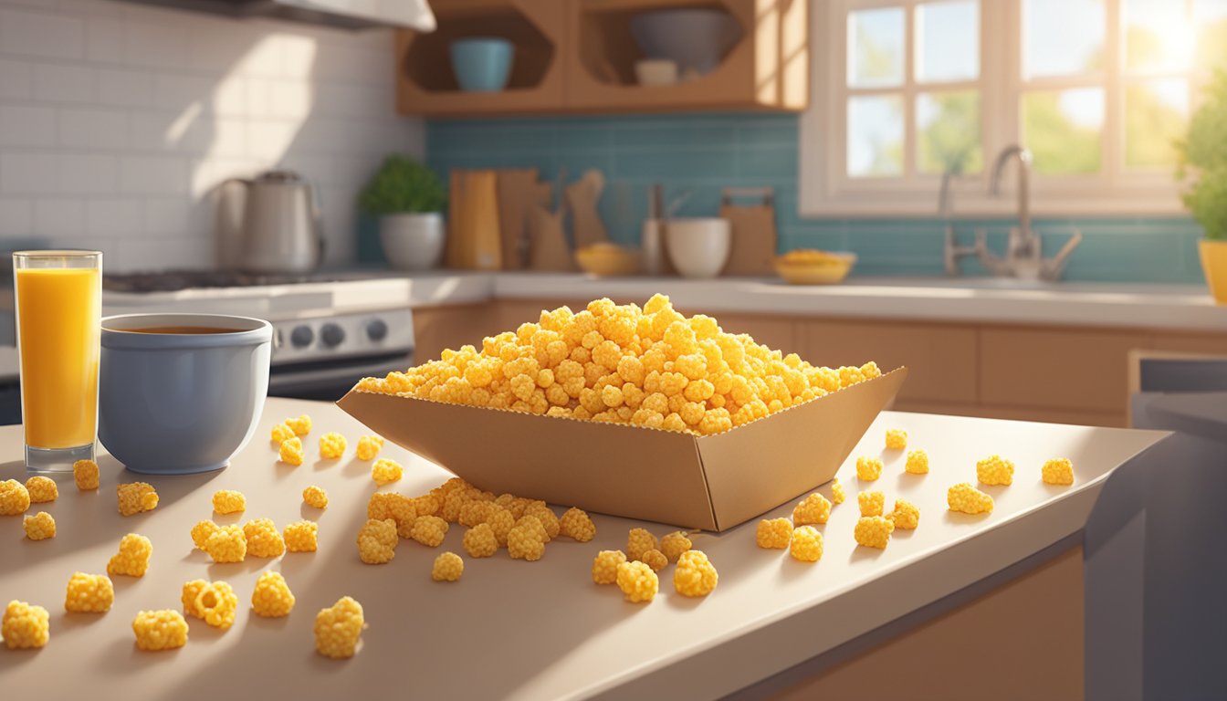 A box of Corn Pops sits on a kitchen counter, surrounded by a few scattered cereal pieces. Sunlight streams in through the window, casting a warm glow on the box