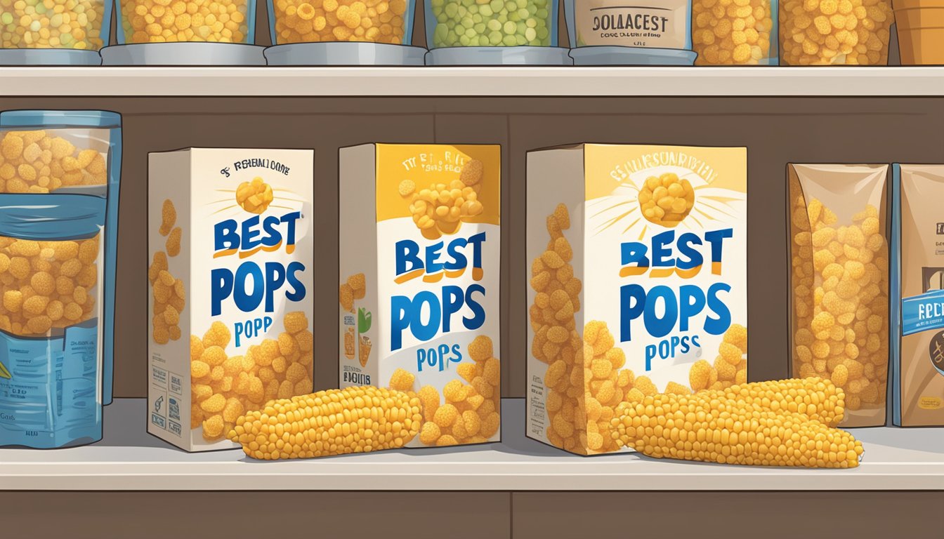 A box of Corn Pops sits on a pantry shelf with a "best by" date visible