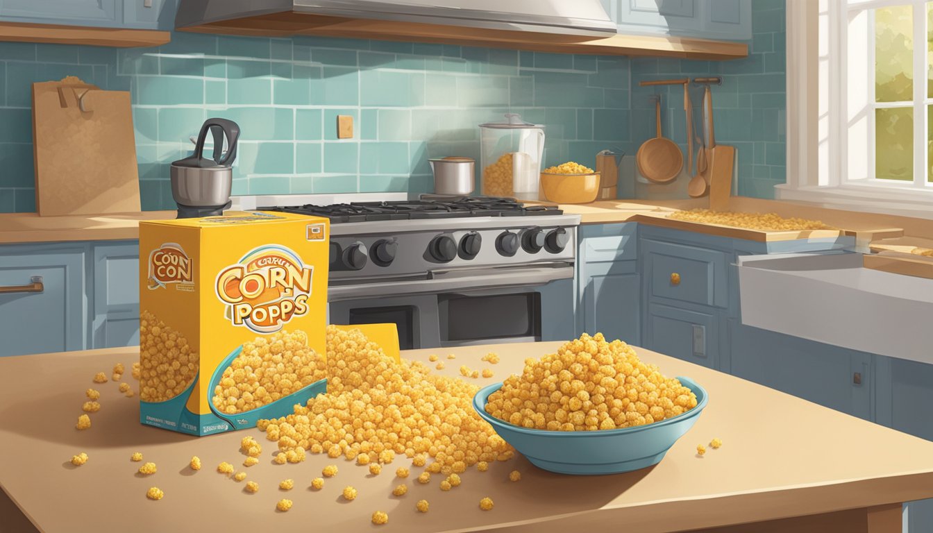 A box of Corn Pops sits on a kitchen counter, with a few scattered on the surface. Some are crisp and golden, while others appear stale and discolored