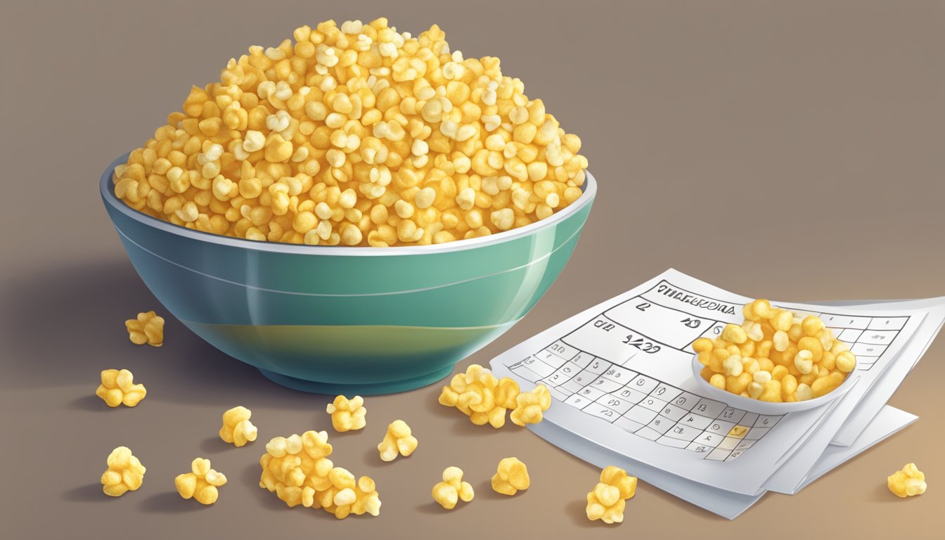 A bowl of Corn Pops sits next to a pile of popcorn kernels, with a calendar showing the date of purchase