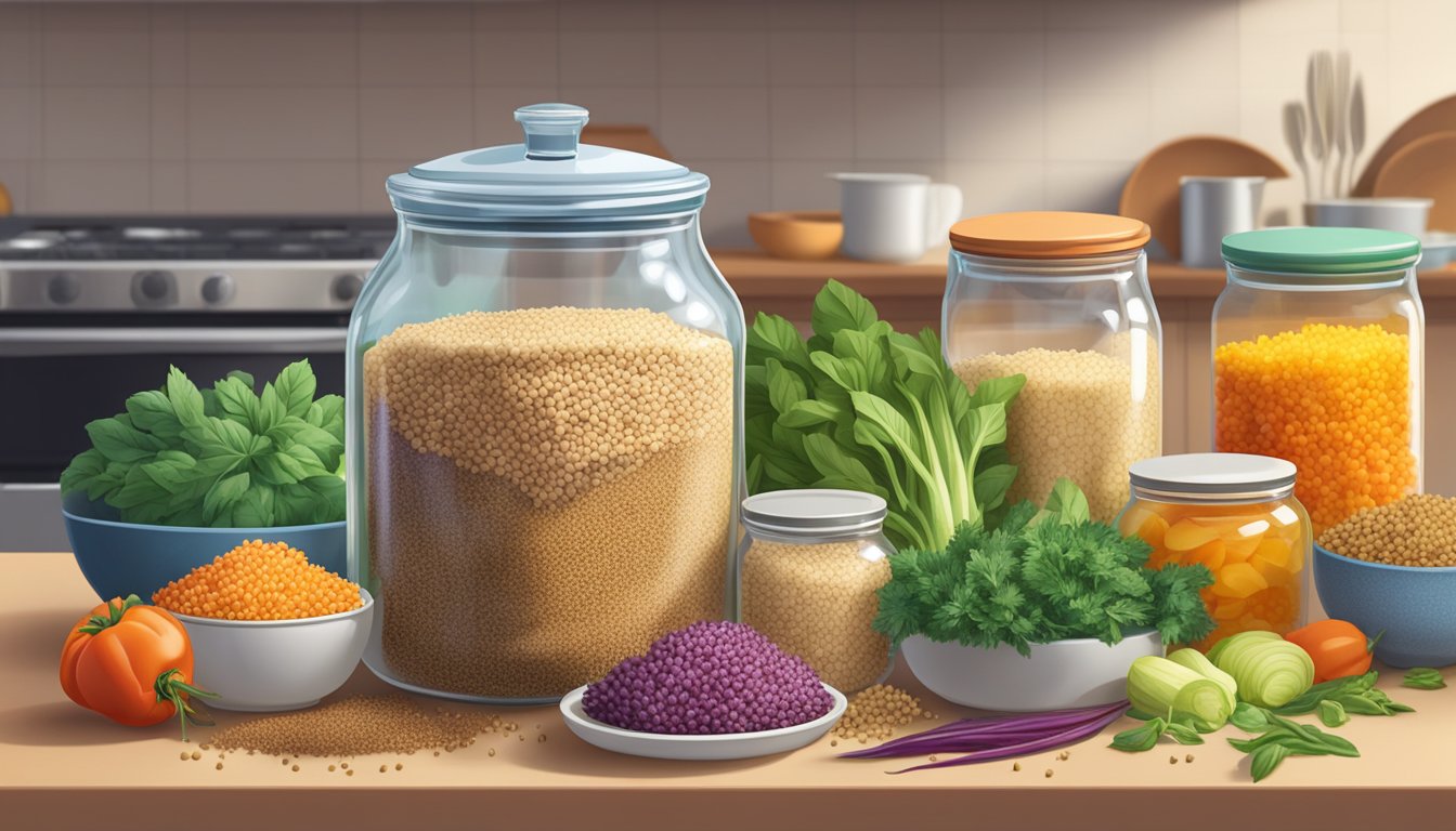 A clear glass container filled with cooked quinoa sits on a kitchen counter, surrounded by colorful vegetables and herbs