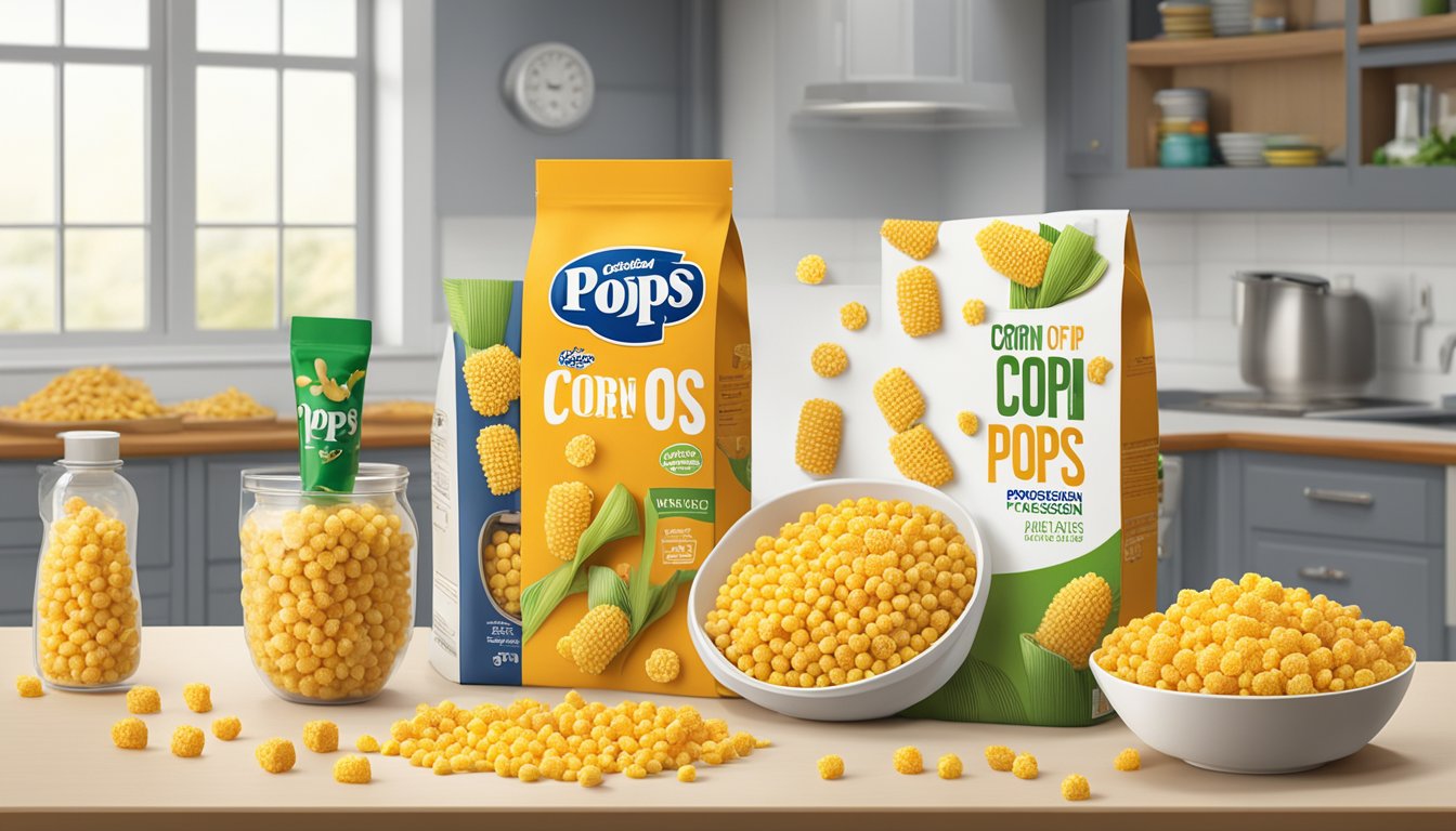 A bowl of Corn Pops sits on a kitchen counter, surrounded by various corn-based snacks. The packaging of the Corn Pops indicates a long shelf life