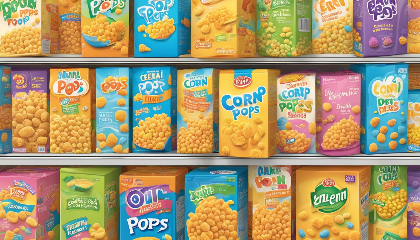 A box of Corn Pops sits on a shelf, surrounded by other cereal boxes. The packaging is bright and colorful, with a clear expiration date printed on the bottom