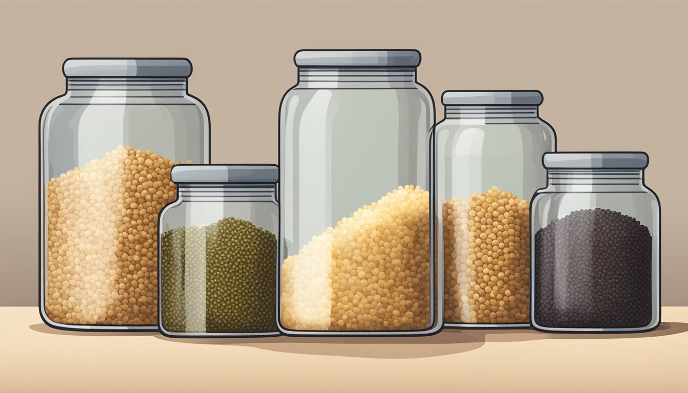 A sealed glass container with cooked quinoa inside, placed on a shelf in a pantry next to other dry goods