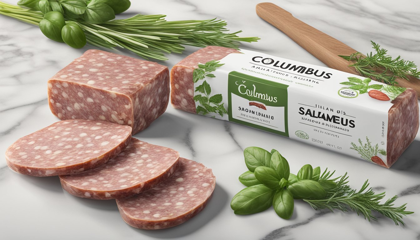 A package of Columbus Italian Dry Salame sits unopened on a clean, marble countertop, surrounded by a few sprigs of fresh herbs and a small knife