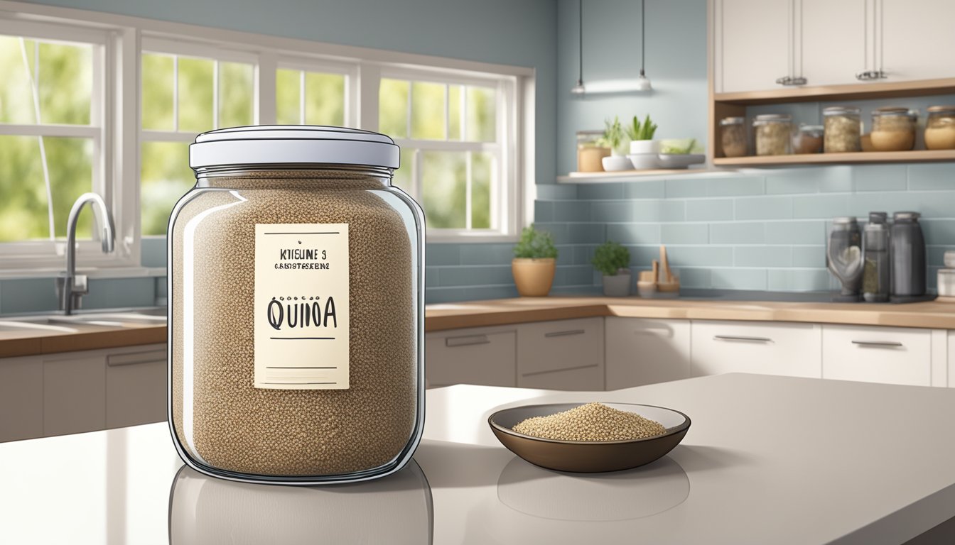 A glass jar filled with cooked quinoa sits on a kitchen counter, with a label indicating the date it was prepared