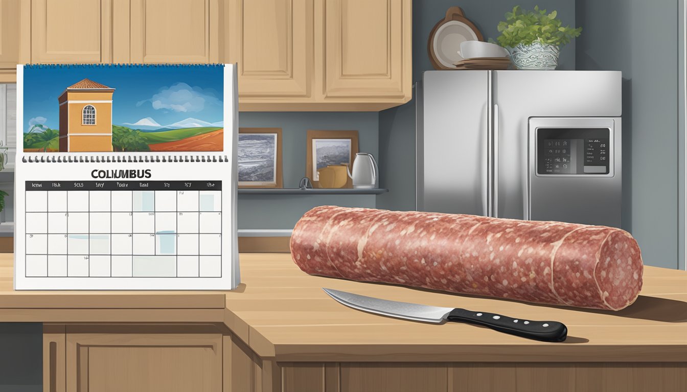 A sealed Columbus Italian Dry Salame sits on a kitchen counter next to a calendar showing the current date