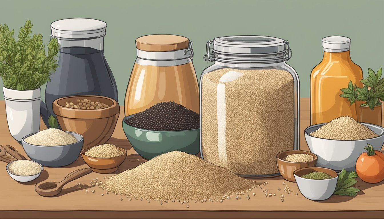 A glass container of cooked quinoa sits on a kitchen counter, surrounded by various ingredients and utensils. The quinoa appears fresh and ready to be used in a new recipe