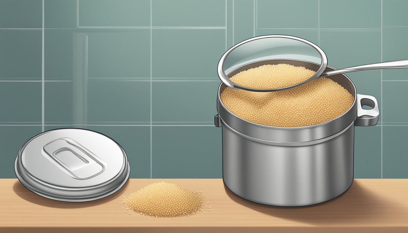 A container of cooked quinoa sits on a kitchen counter, with a lid partially open and a fork resting on the side