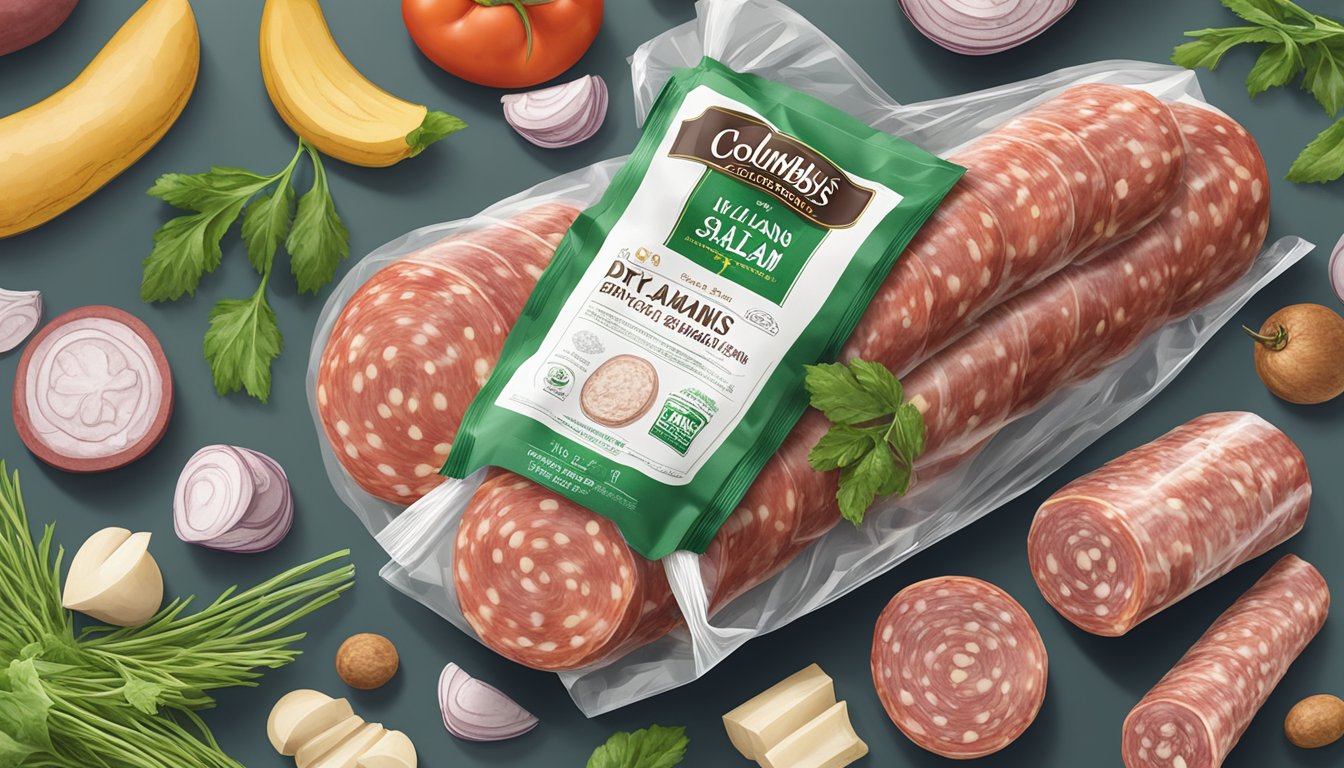 A package of Columbus Italian Dry Salame sits unopened on a clean kitchen counter, surrounded by other groceries