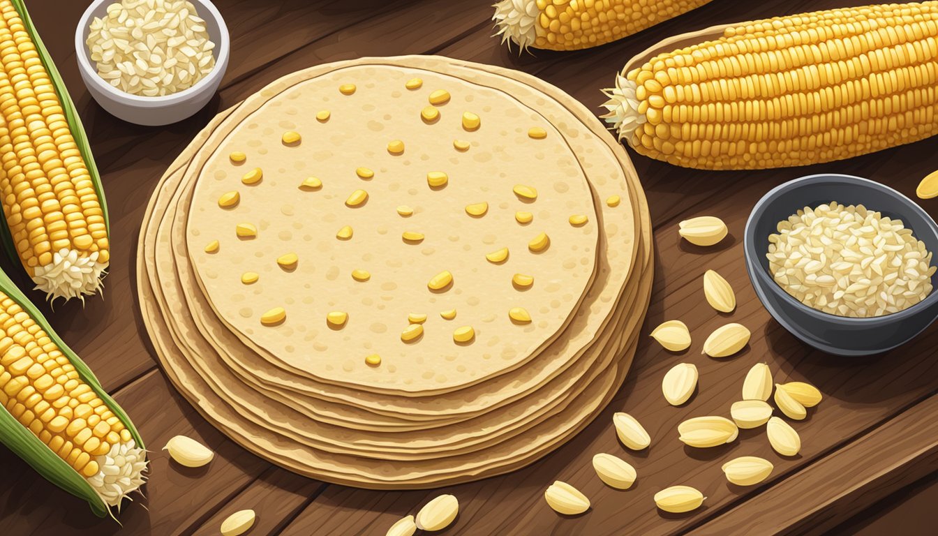 A stack of fresh corn tortillas sitting on a wooden cutting board, with a few scattered loose kernels of corn nearby