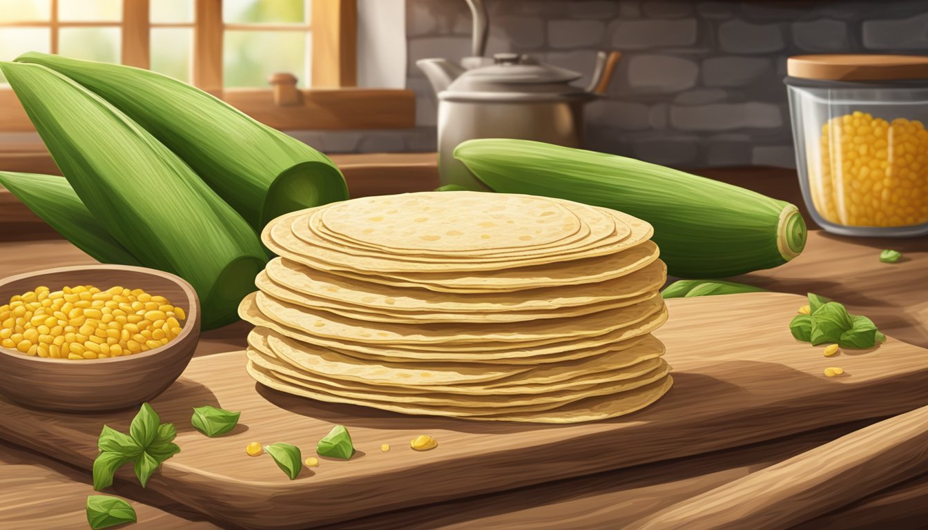 A stack of corn tortillas on a wooden cutting board, with a few scattered loose ones, surrounded by a rustic kitchen setting